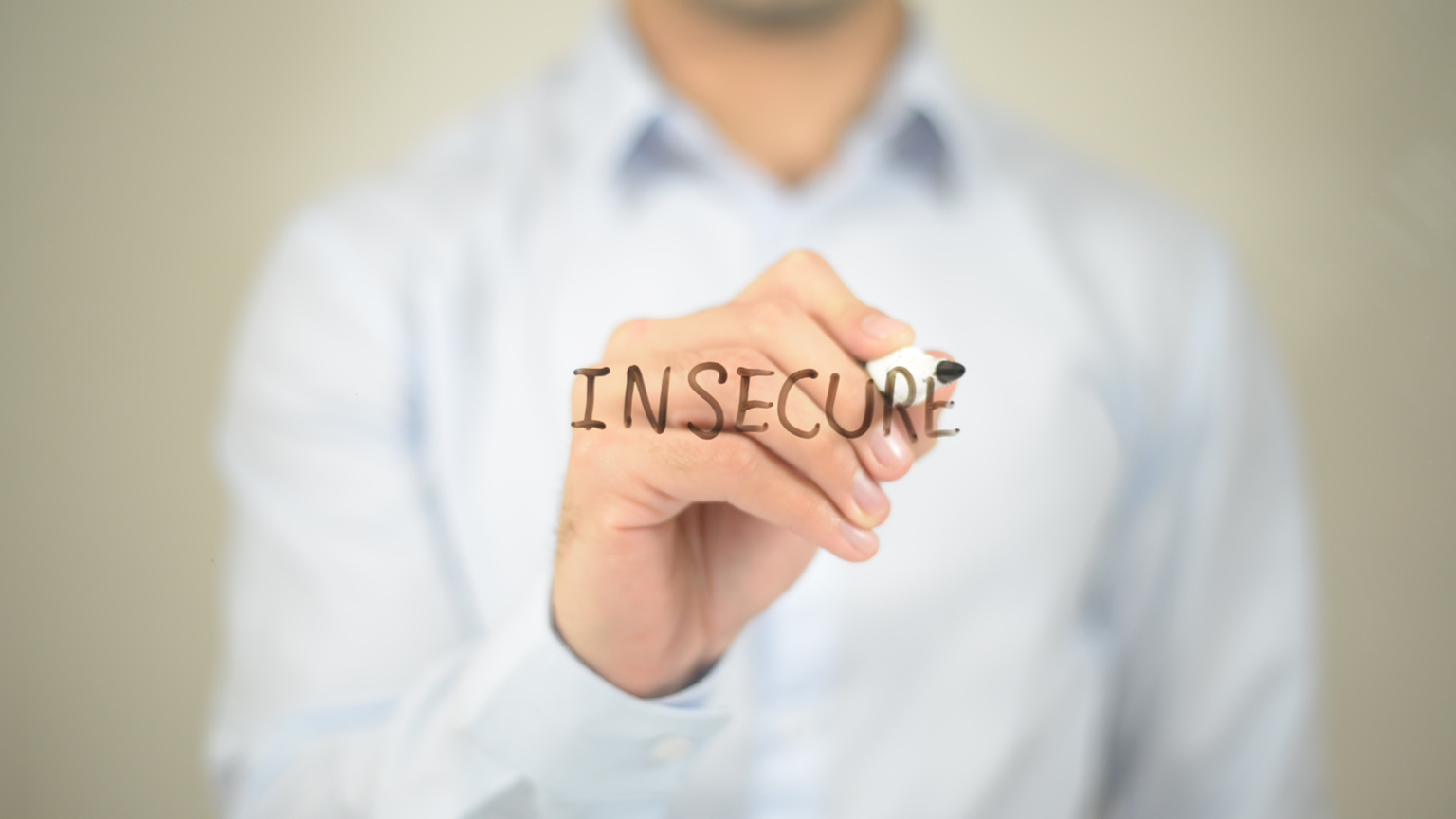 Insecure, man writing on transparent screen